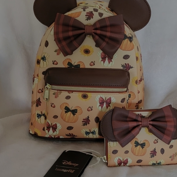 Loungefly Disney Minnie Mouse Fall Pumpkin Plaid Bow Backpack and Wallet Set - Picture 1 of 5